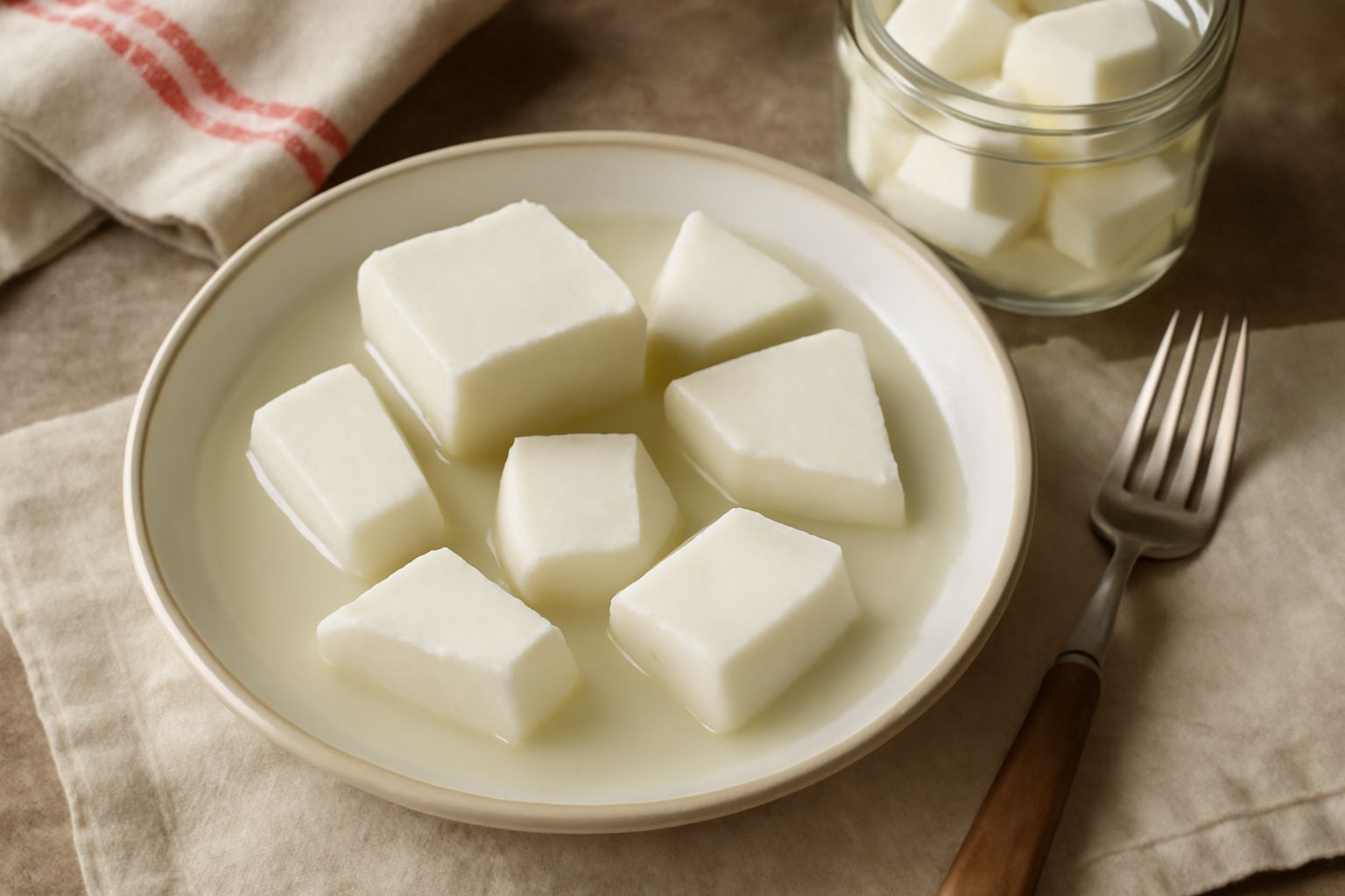 Pezzi di ricotta salata in salamoia in un vasetto di vetro, di colore bianco opaco e leggermente traslucido, immersi in liquido salato trasparente, su un tavolo di legno naturale