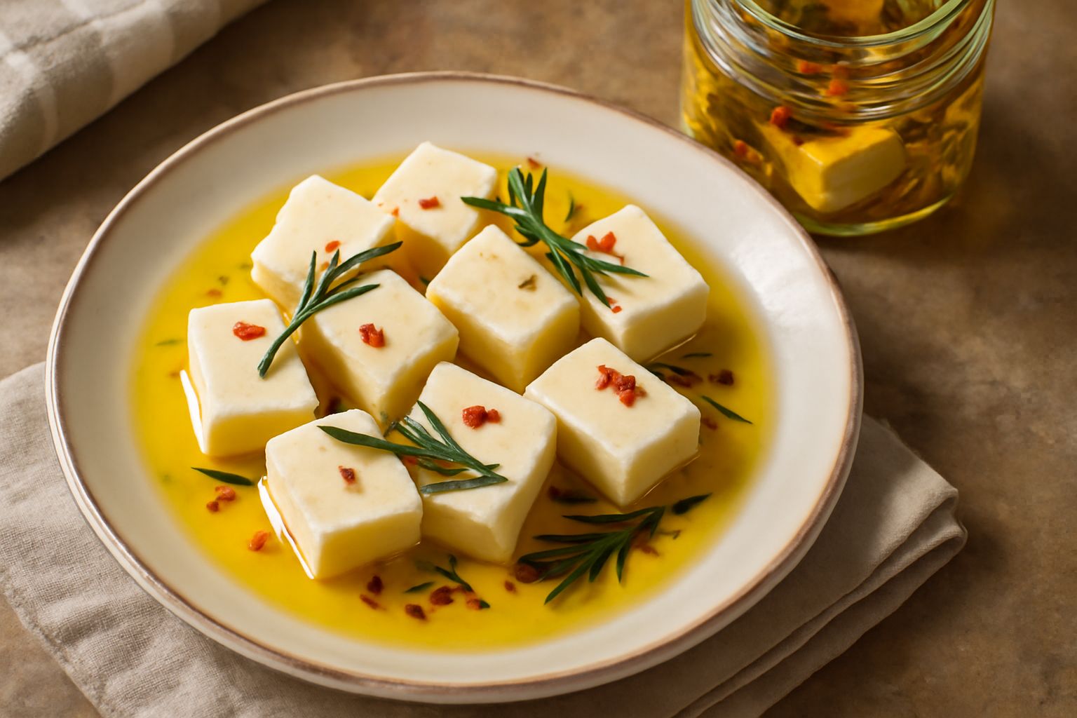 Vasetto di vetro con ricotta salata bianca a dadini immersa in olio giallo dorato, guarnita con rametti di rosmarino verde e peperoncini rossi secchi