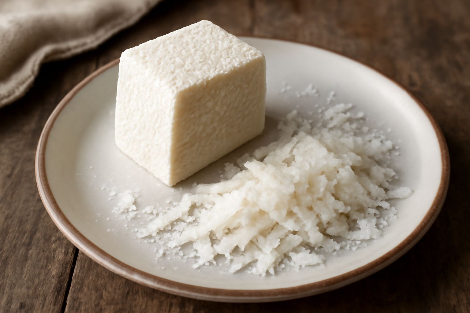 Ricotta salata stagionata grattugiata in scaglie bianche e compatte sopra un piatto di pasta al ragù, con una grattugia di acciaio sullo sfondo e tavolo di legno naturale