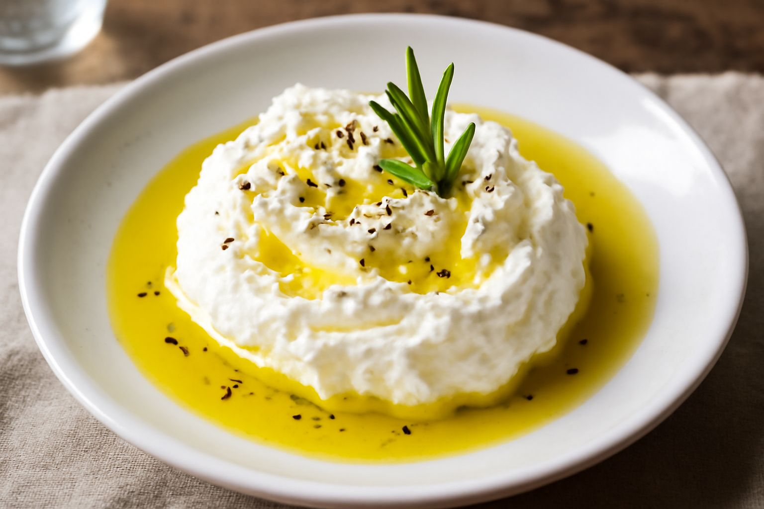 Barattolo di vetro con ricotta bianca immersa in olio trasparente, spruzzata di pepe nero e rametti di rosmarino fresco, su fondo di marmo bianco