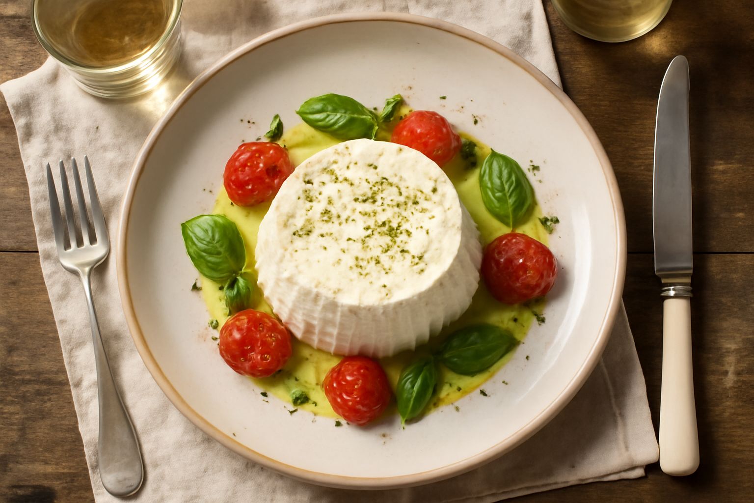 Ricotta vaccina bianca e cremosa raccolta in una garza dentro una ciotola di ceramica, circondata da siero di latte, con un cucchiaio in legno appoggiato accanto
