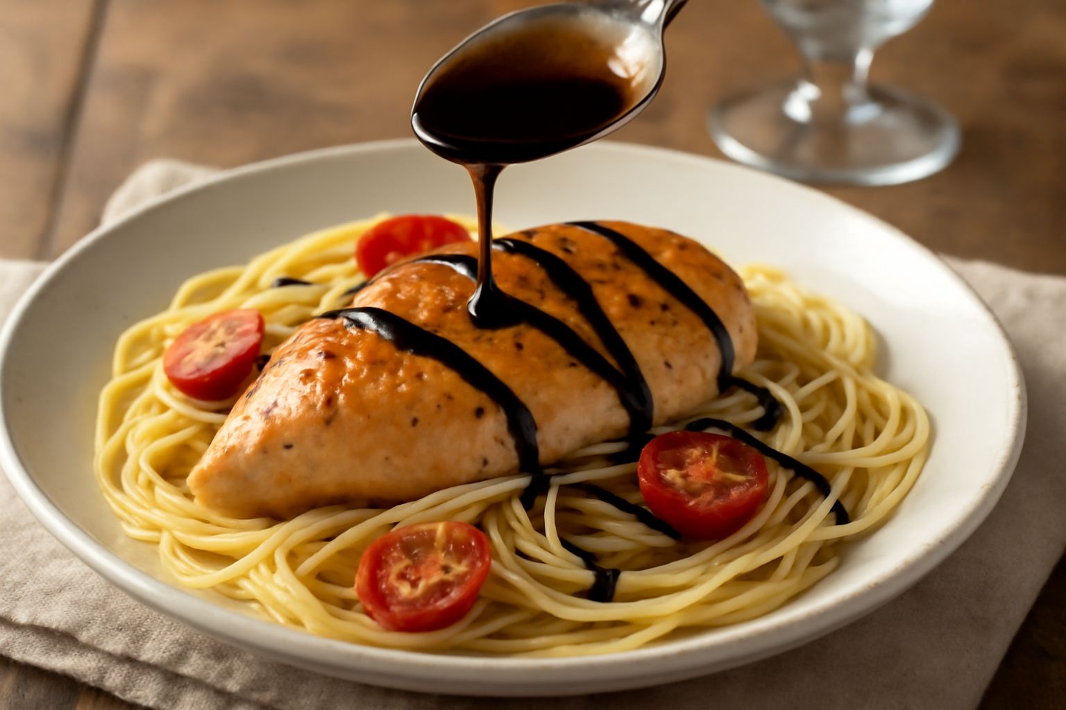 Riduzione balsamica nera e lucida versata da un cucchiaio sopra un piatto bianco, crea fili sottili e brillanti, accanto bottiglie di aceto balsamico scuro