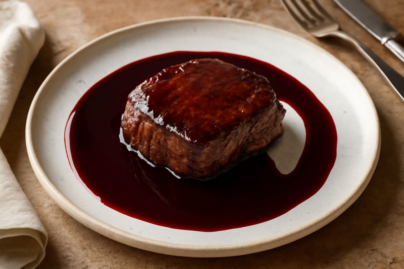 Riduzione di vino rosso densa e lucida versata su un piatto bianco, di colore rosso scuro quasi bordeaux, con riflessi brillanti e consistenza lucente.