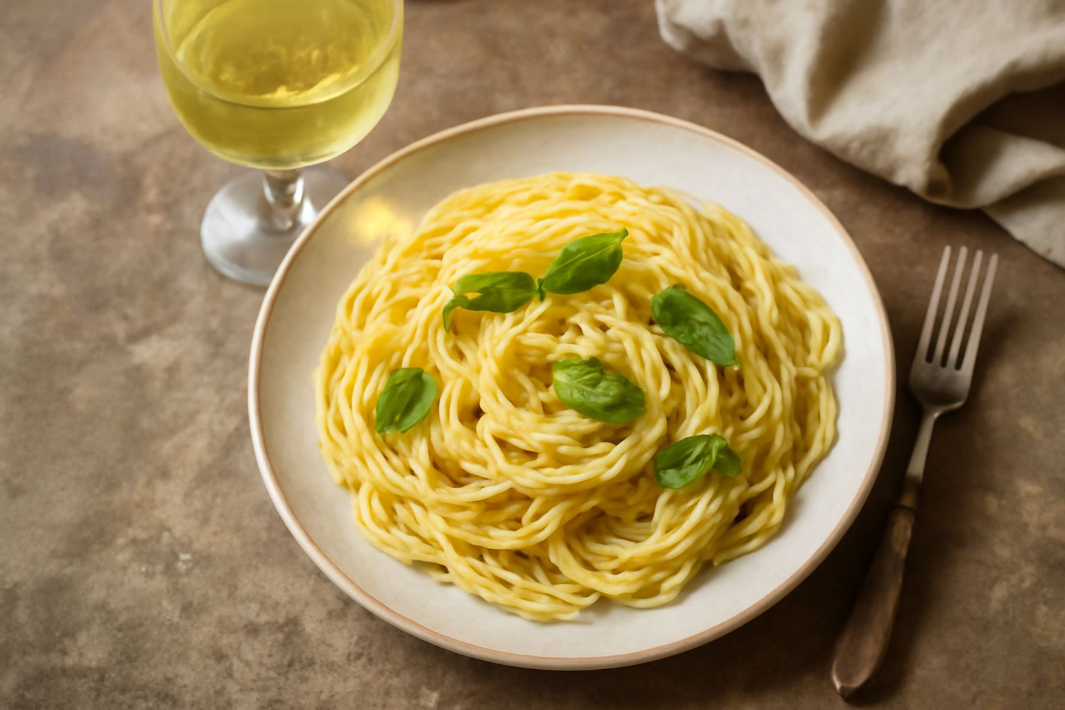 Bicchiere di Riesling trasparente con riflessi gialli e verdognoli, accanto a un piatto di pesce delicato al vapore con erbe fresche e limone