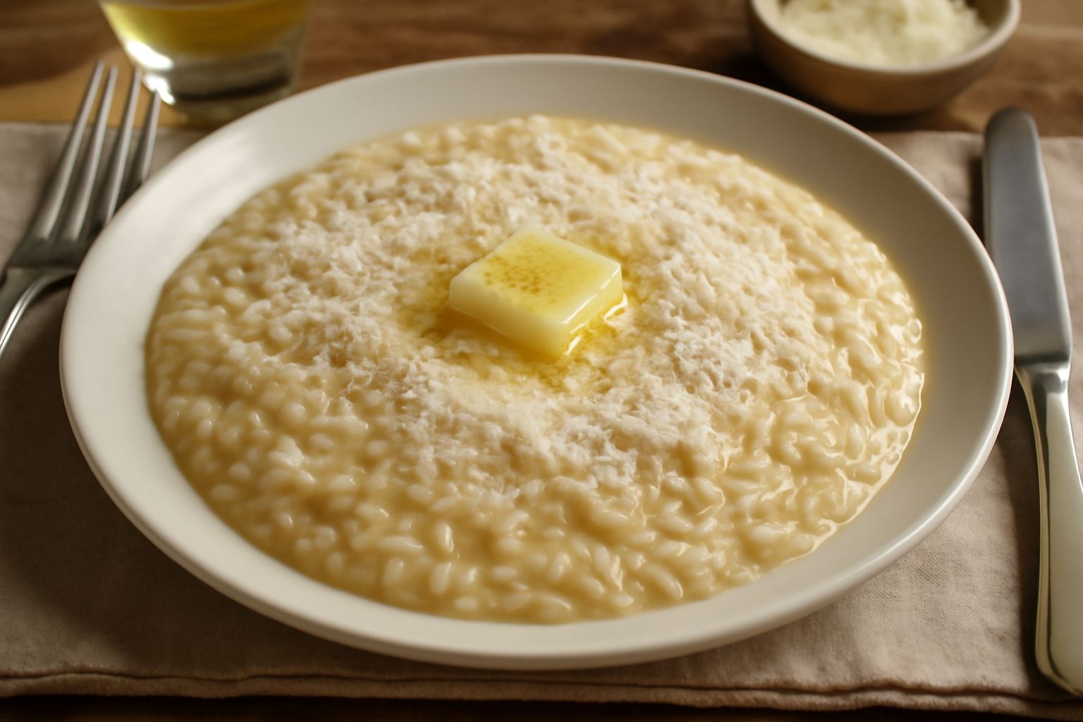 Risotto cremoso di colore bianco avorio con riflessi dorati, servito in piatto fondo, con una cascata di parmigiano grattugiato fresco in cima e una foglia di prezzemolo verde, vapore ancora visibile 