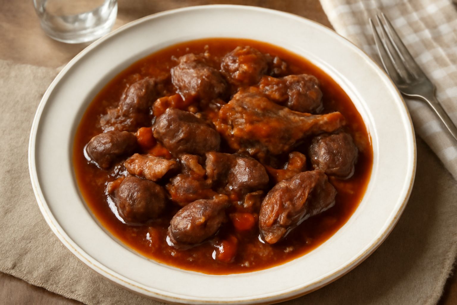 Pentola di rigaglie di pollo in umido con salsa rosso-marrone, fegato e cuore visibili, contornate da pomodoro e cipolle ammorbidite, sul fuoco basso con vapore