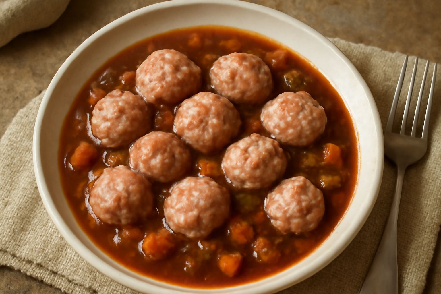 Rigatelle in umido in un piatto bianco: polpettine di carne macinata rosa e tenere in salsa di pomodoro scuro, con pezzetti visibili di carota e sedano, guarnite da prezzemolo fresco tritato