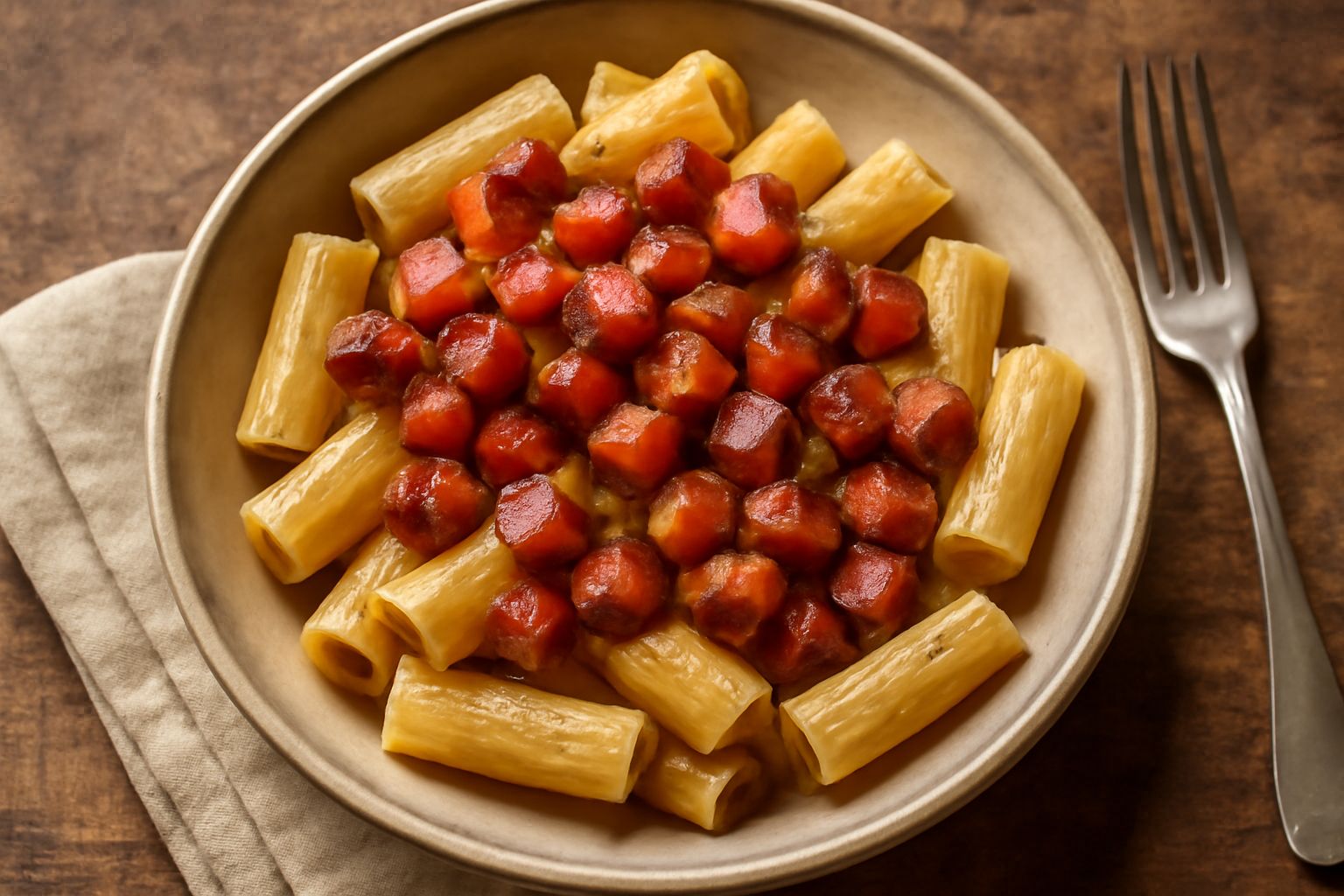 Cubetti di rigatino rosato e leggermente affumicato disposti su un tagliere di legno, accanto a un mazzo di prezzemolo fresco e una ciotola di verdure tagliate