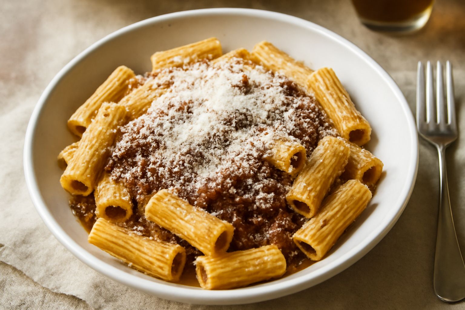 Rigatoni al ragù serviti in un piatto bianco fondo, ragù rosso scuro che riveste ogni pezzo di pasta, grattugiata di parmigiano bianco, contorno di pane tostato