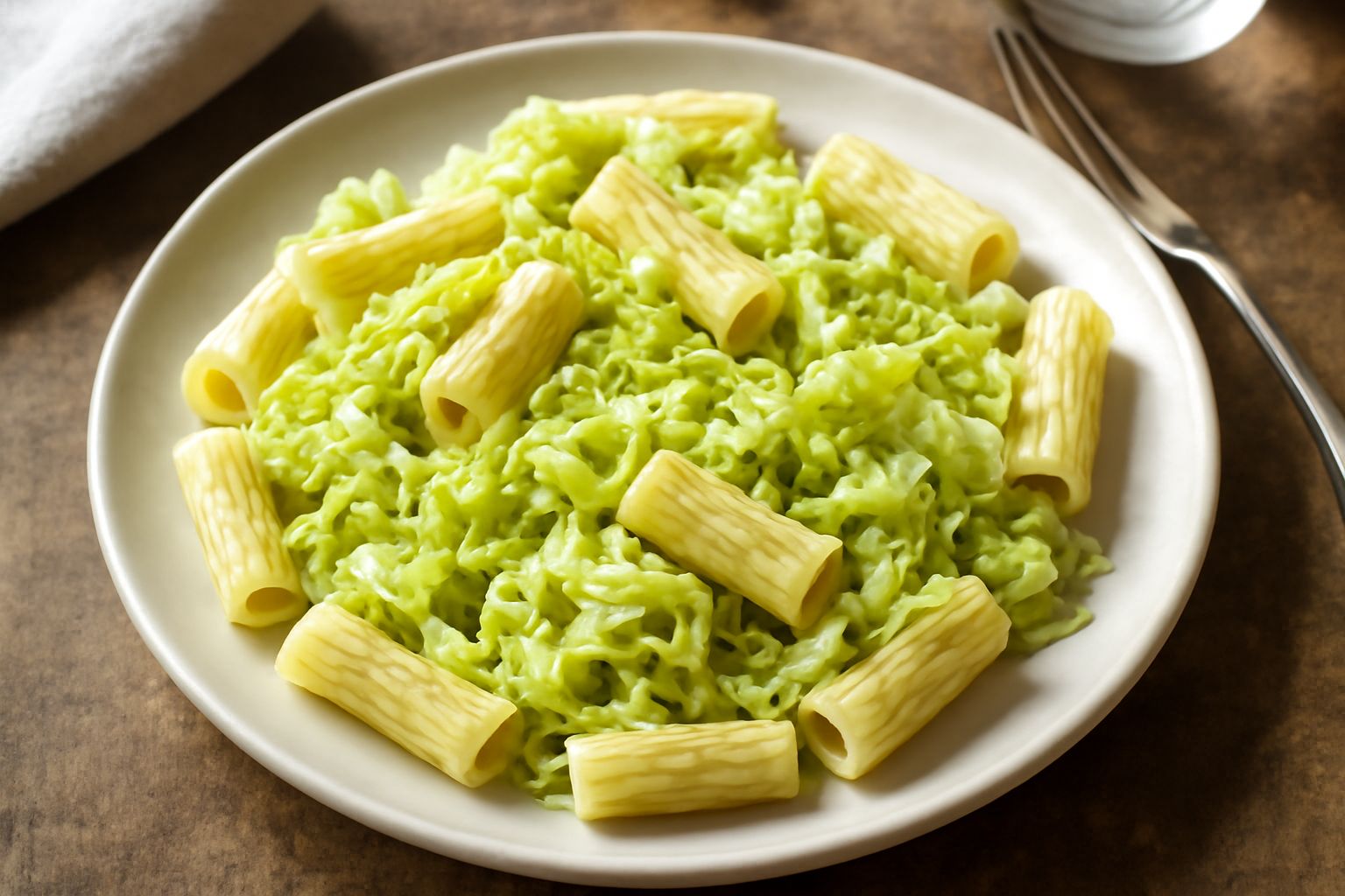 Piatto di rigatoni al cavolo verza: pasta rigatata mista a strisce sottili di cavolo verde pallido, con fili di aglio dorato e peperoncino rosso, serviti in ciotola bianca, condimento lucido visibile 