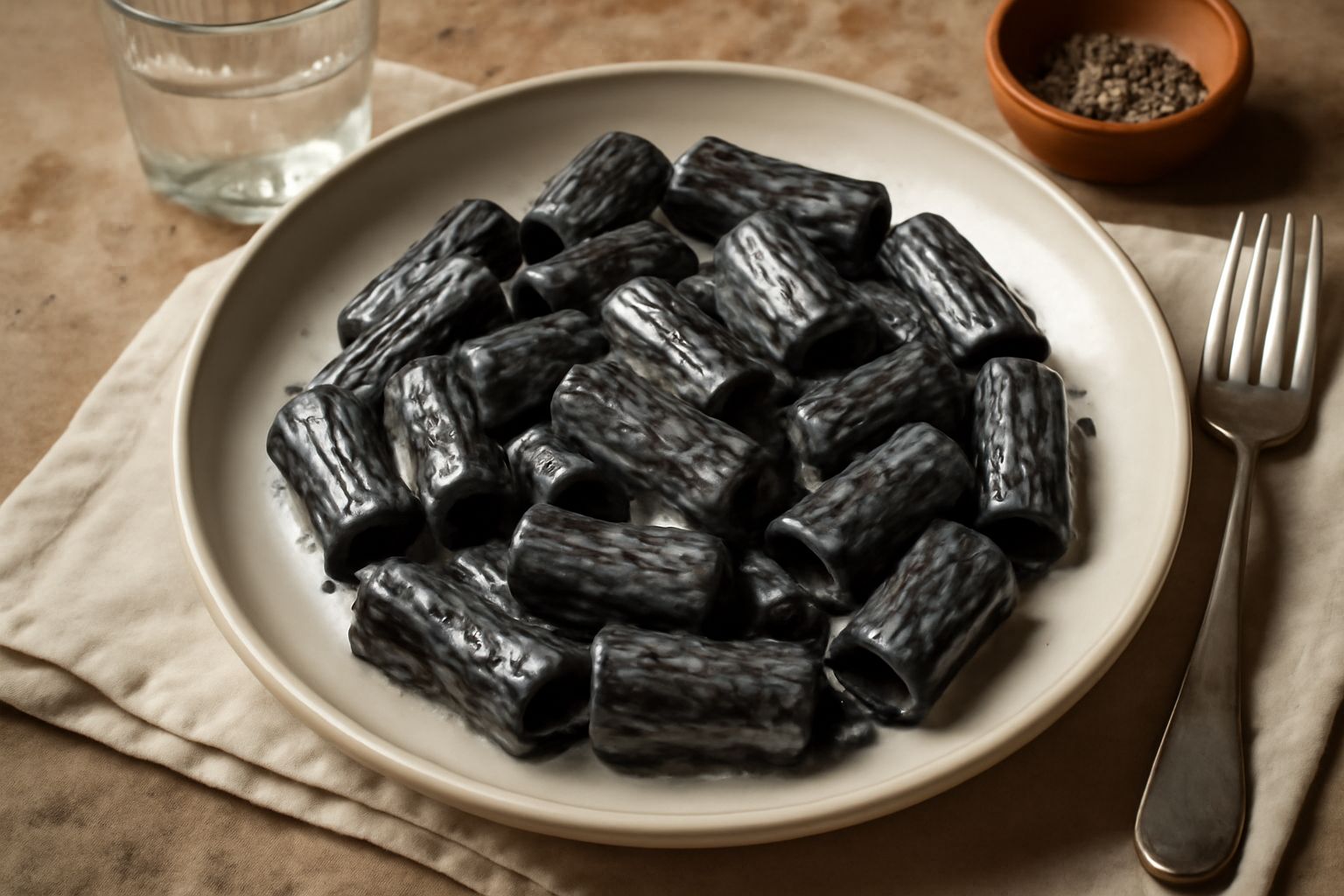 Piatto di rigatoni neri al nero di seppia, cremosi e brillanti, conditi con panna bianca e pepe nero macinato fresco, guarniti con prezzemolo verde