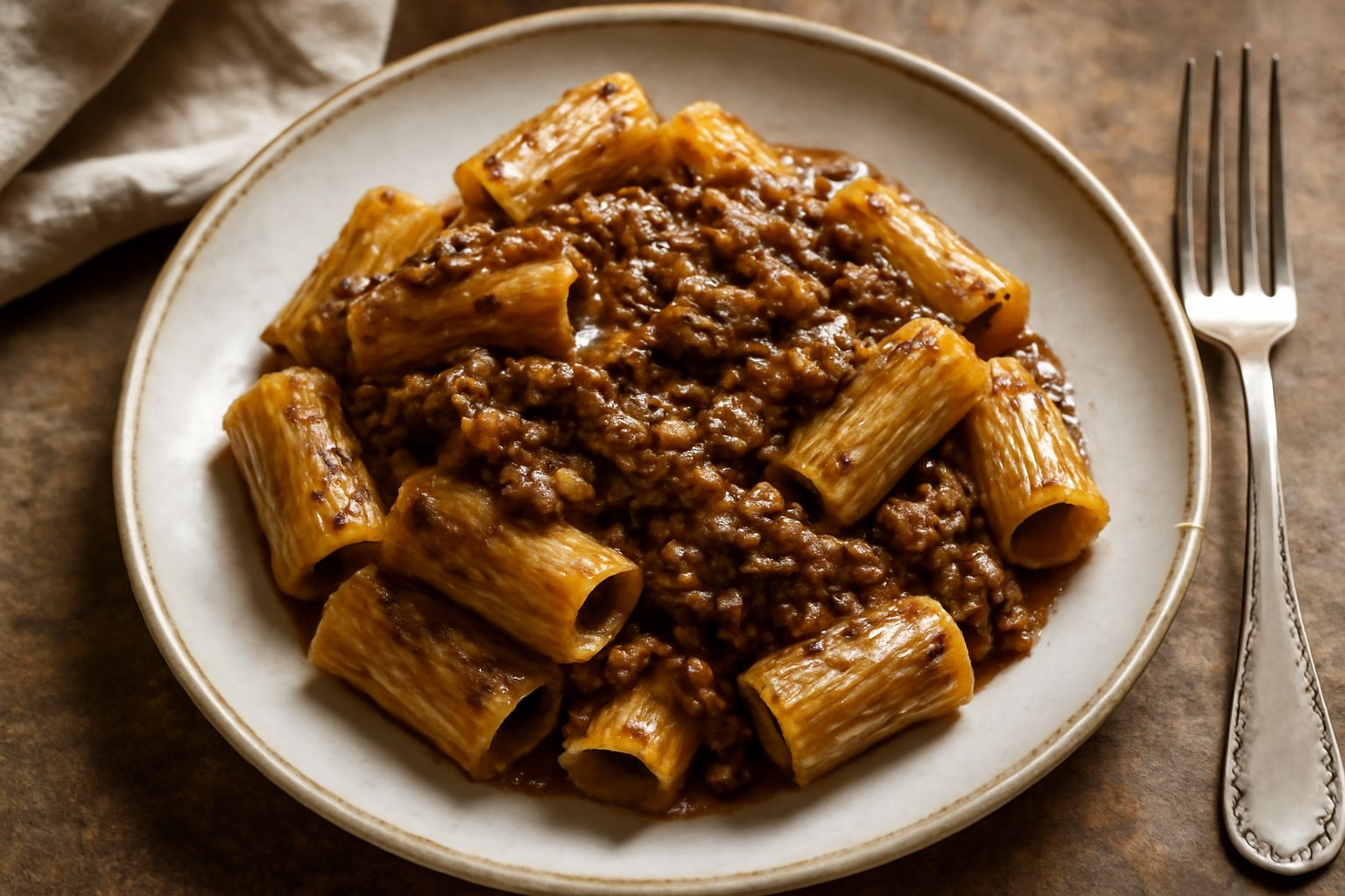 Piatto di rigatoni con ragù di vitello denso e marrone scuro, spolverato di parmigiano grattugiato bianco, condito uniformemente con salsa lucida, servito in piatto bianco fondo con forchetta accanto
