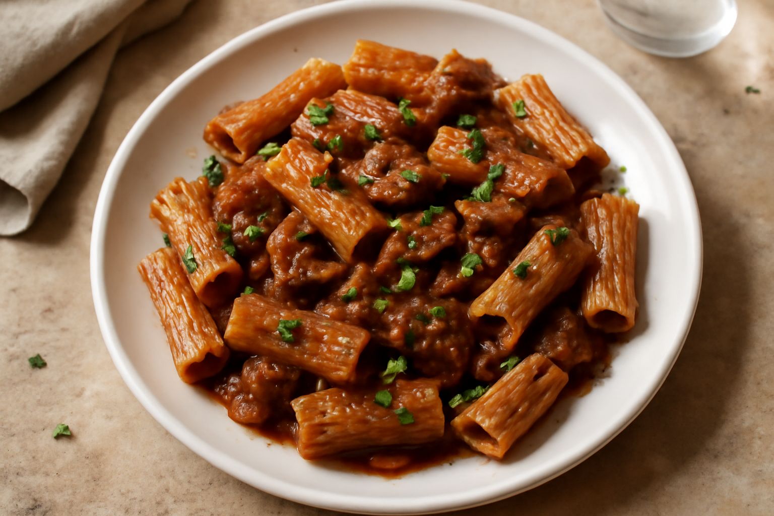 Rigatoni al sugo di funghi porcini in un piatto bianco: pasta rigatoni ricoperta di sugo marrone scuro con funghi interi e frammenti, guarniti con prezzemolo fresco tritato, vapore caldo visibile, for