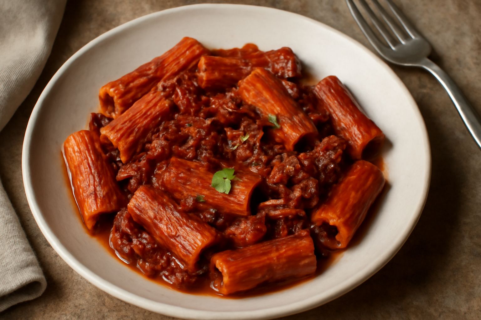 Piatto di rigatoni rossi con sugo scuro di lepre, carne sfilacciata visibile nel ragù, grattugia di formaggio parmigiano fresco sulla pasta, ciotola di parmigiano e forchetta sul lato destro