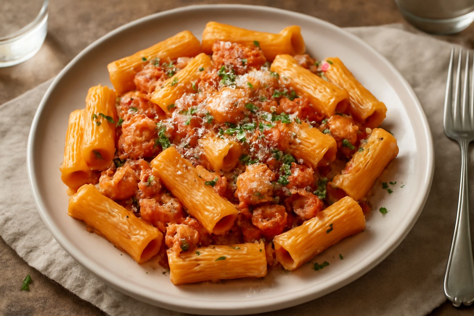 Piatto di rigatoni con sugo rosso e cubetti di pesce spada, guarnito con prezzemolo fresco, formaggio grattugiato e filo di olio extravergine