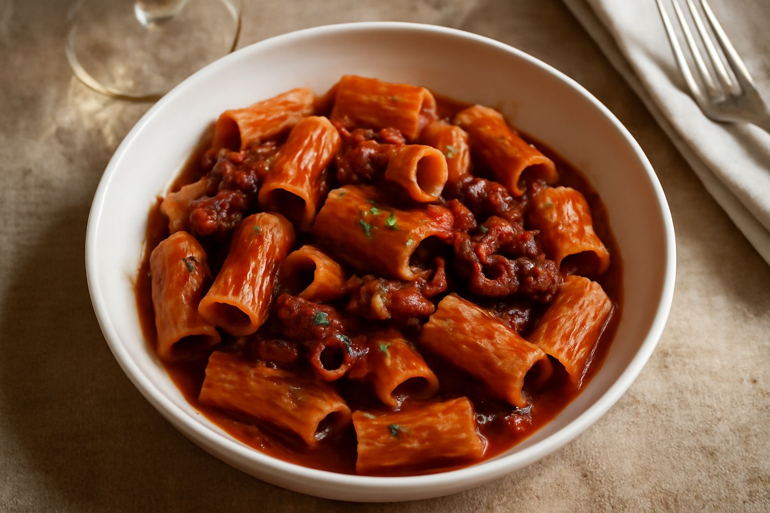 Piatto di rigatoni rosso scuro conditi con sugo di polpo, pezzi di polpo morbido visibili tra le righe della pasta, guarnito con prezzemolo fresco tritato e un filo di olio di oliva, servito in piatto