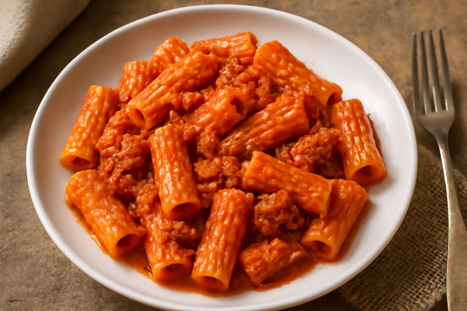 Un piatto di rigatoni al tonno con i rigatoni ricoperti di salsa rossa con pezzi di tonno visibili, guarnito con prezzemolo fresco e un filo di olio verde, su fondo di ceramica bianca