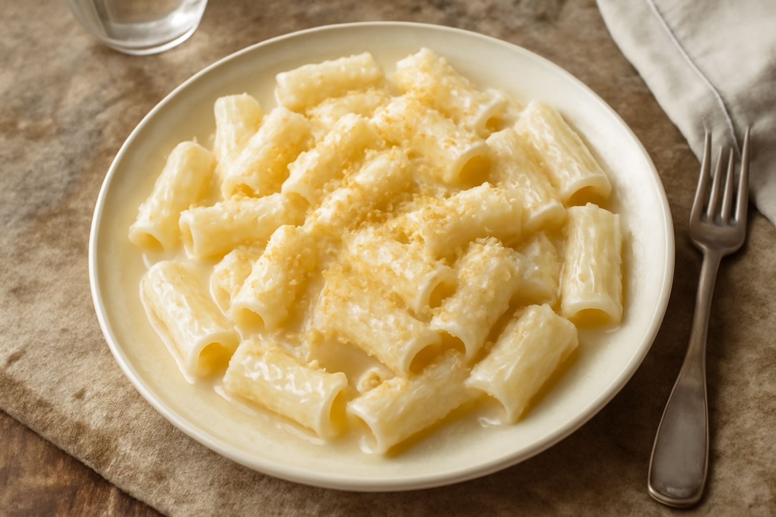 Piatto di rigatoni rigatoni bianchi e cremosi ricoperto di burro fuso e scaglie di parmigiano, con grani di pepe nero, servito in piatto fondo bianco