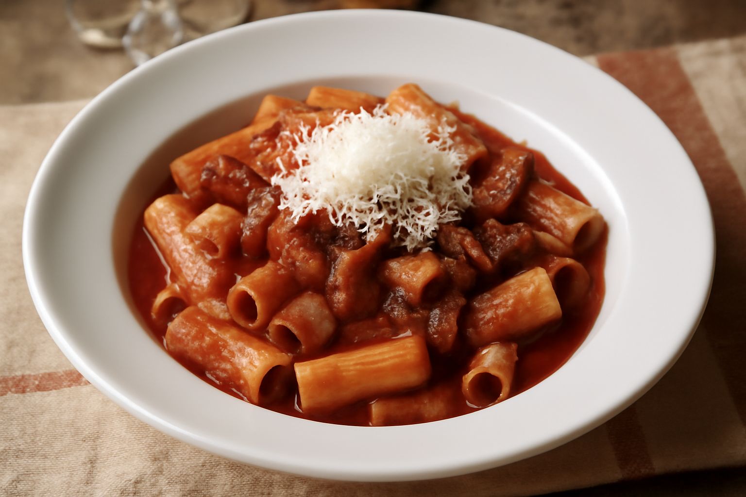 Piatto bianco con rigatoni ricoperti di salsa rossa scura, pezzi di guanciale dorato, grattugia di pecorino bianco, pomodori freschi e basilico verde sul bordo