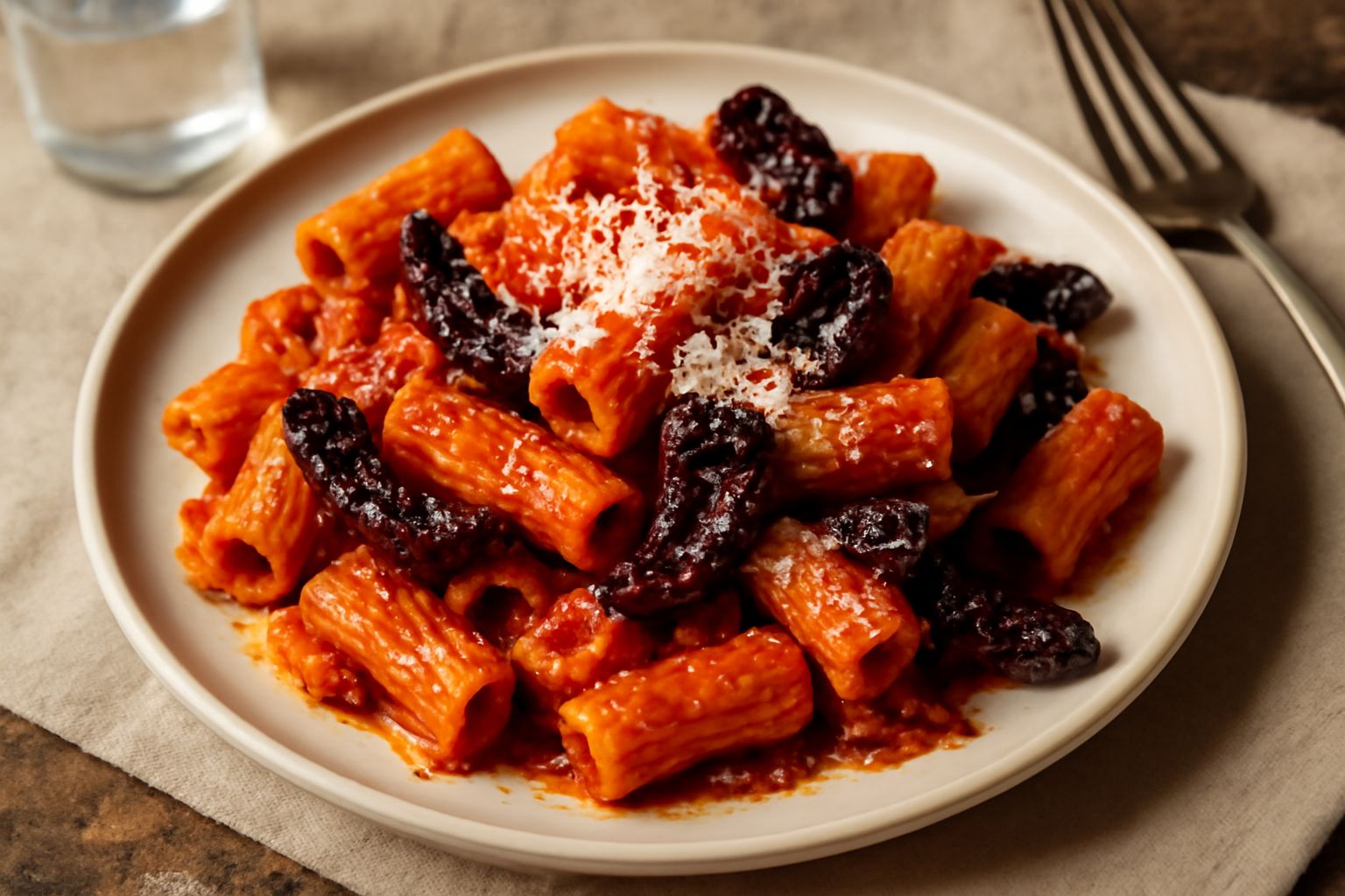 Piatto di rigatoni alla calabrese con salsa rossa di 'nduja, peperoni cruschi scuri e ricotta salata bianca grattugiata, serviti in una ciotola di ceramica bianca su tovaglia a quadri rossi