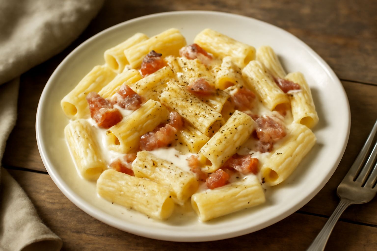 Piatto bianco con rigatoni cremosi color avorio, striature di pepe nero, piccoli cubetti dorati di guanciale e grattugia di pecorino romano sul bordo