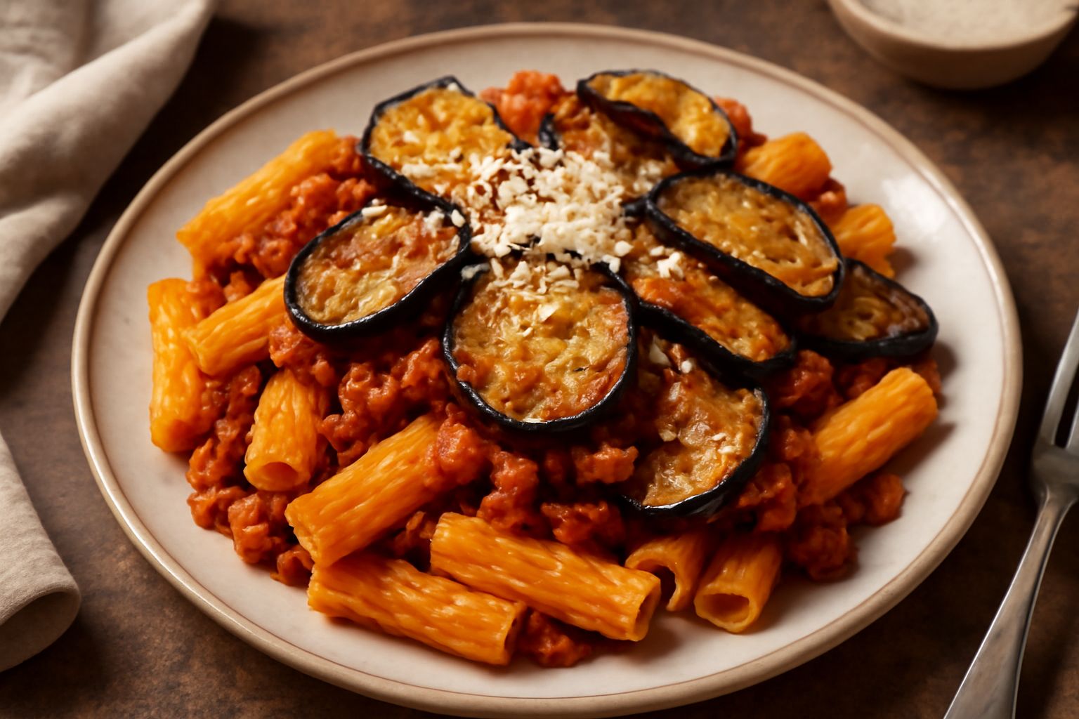 Piatto bianco fondo con rigatoni ricoperti di ragù scuro, fette di melanzana dorata fritta, formaggio grattugiato bianco in superficie, salsa rossa sui bordi