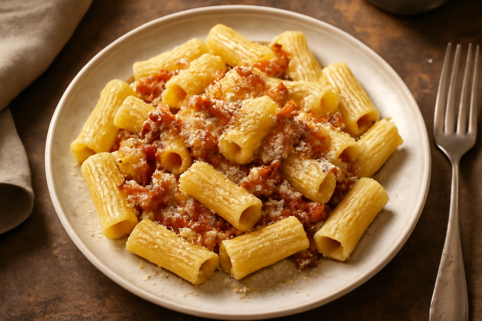 Piatto di rigatoni bianchi con condimento di guanciale croccante, formaggio pecorino giallognolo e pepe nero visibile, in ciotola di ceramica bianca, con grana pecorino e pepe accanto