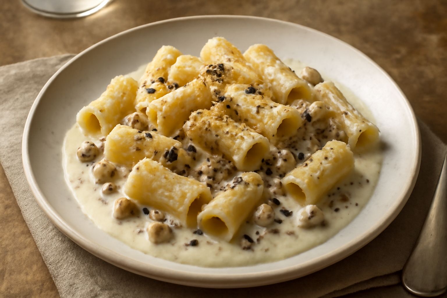 Rigatoni bianchi cremosi con pezzetti di salsiccia marrone e tartufo nero visibili, spolverati di pecorino grattugiato, serviti in un piatto bianco con un cucchiaio di legno accanto