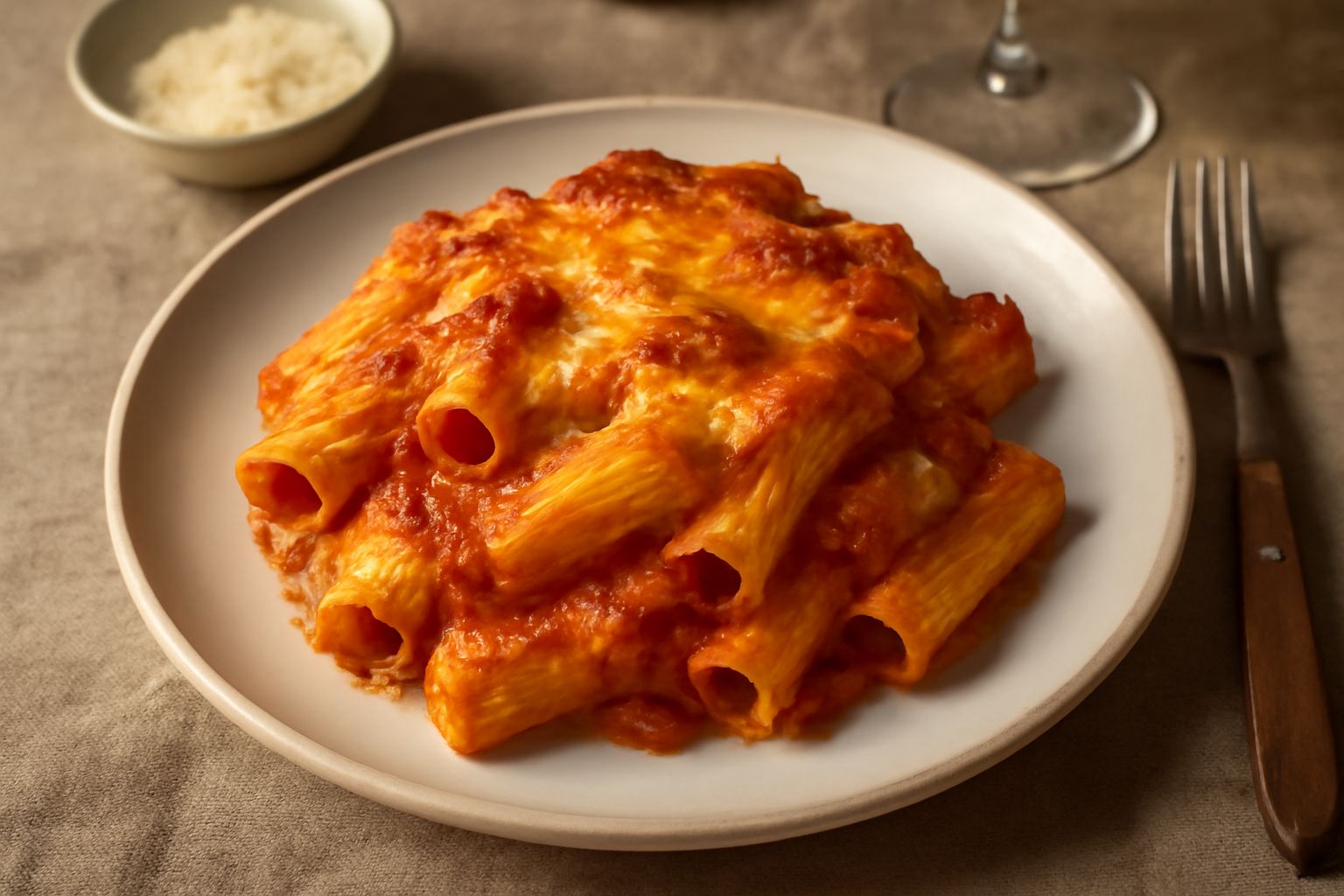 Piatto di rigatoni alla parmigiana appena sfornato, con superficie dorata e croccante, formaggio filante, pomodoro rosso visibile tra i rigatoni, servito in piatto bianco con contorno di basilico fres