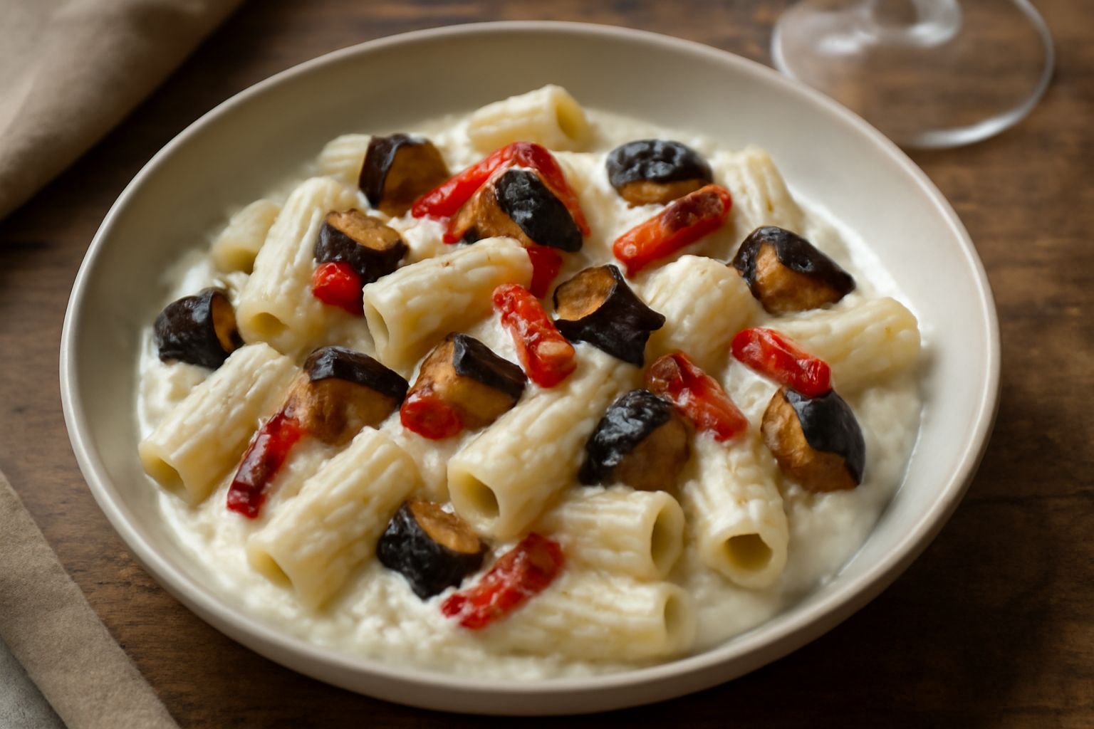 Piatto di rigatoni alla pignata con melanzane scure fritte, pomodoro rosso, ricotta bianca cremosa e basilico fresco, impiattati in un piatto fondo bianco