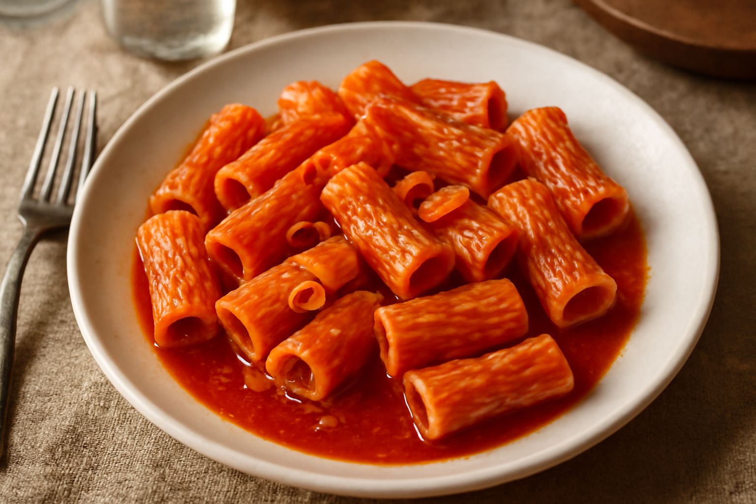 Piatto di rigatoni rossi di sugo di pomodoro, con aglio affettato visibile, una spolverata di prezzemolo fresco, filo di olio verde in superficie, su piatto bianco, sfondo neutro