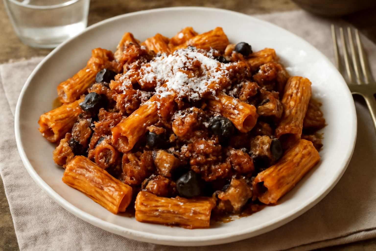 Piatto di rigatoni rossi di ragù con pezzetti di melanzane viola scure, ricotta salata bianca grattugiata in superficie, servito in ciotola bianca su tavolo di legno