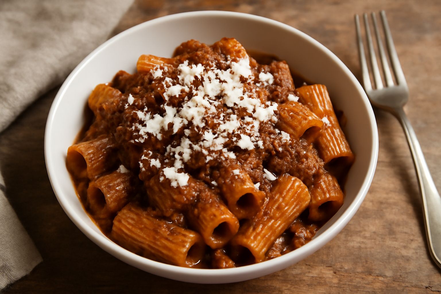 Piatto di rigatoni rigatoni al ragù, ricoperti di pecorino grattugiato e ricotta salata bianca, con salsa marrone scura che avvolge la pasta, contorno di verdure grigie sfocate