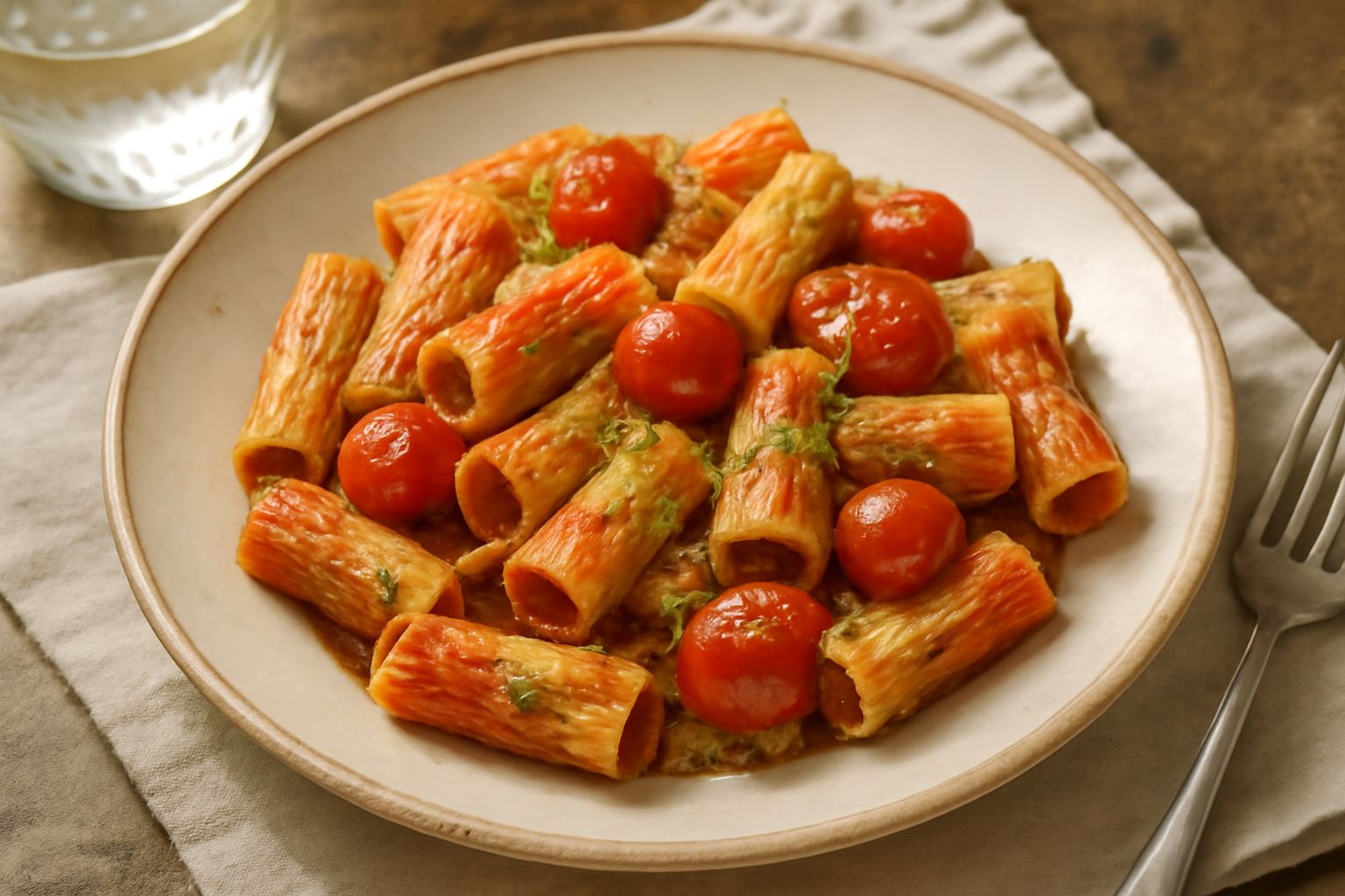 Piatto di rigatoni rossi di pomodoro conditi con pesto verde di pistacchio, ciliegini rossi interi e basil fresco, guarnito con granuli di pistacchio sgusciato e filo d'olio d'oliva