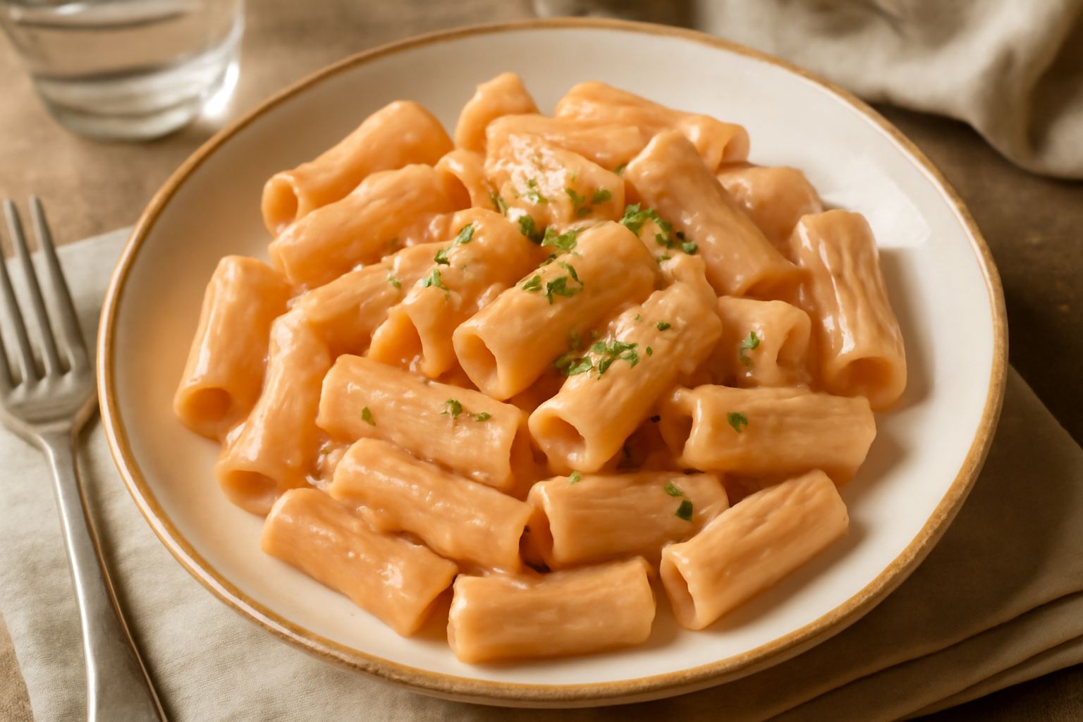 Piatto di rigatoni al dente conditi con salsa rosa cremosa, guarniti con foglia di basilico fresco e parmigiano grattugiato, presentati su piatto bianco