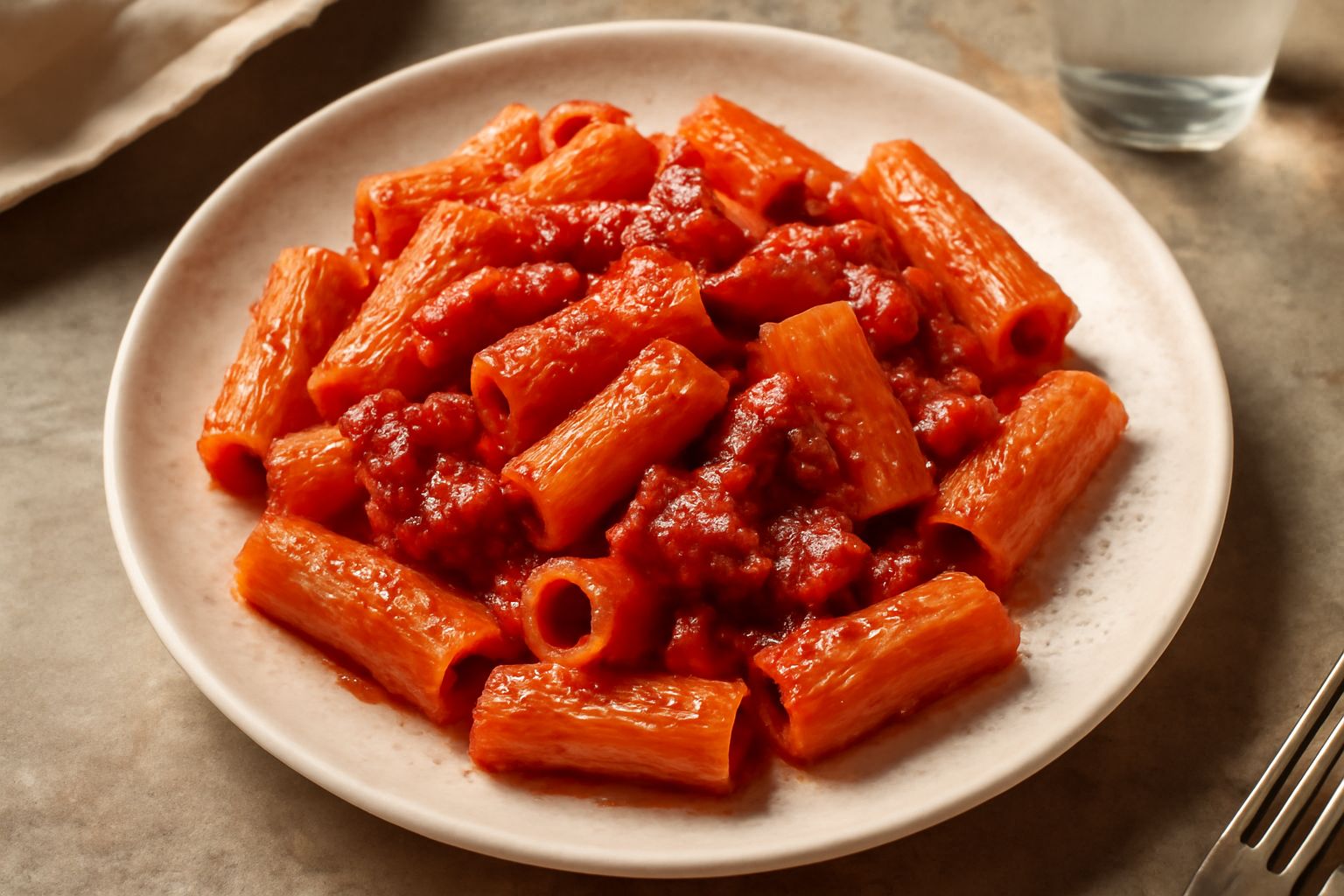 Un piatto di rigatoni all'amatriciana con rigatoni rivestiti di sugo rosso scuro, cubetti di guanciale croccante oro, una spolverata bianca di pecorino romano grattugiato e prezzemolo verde al centro.