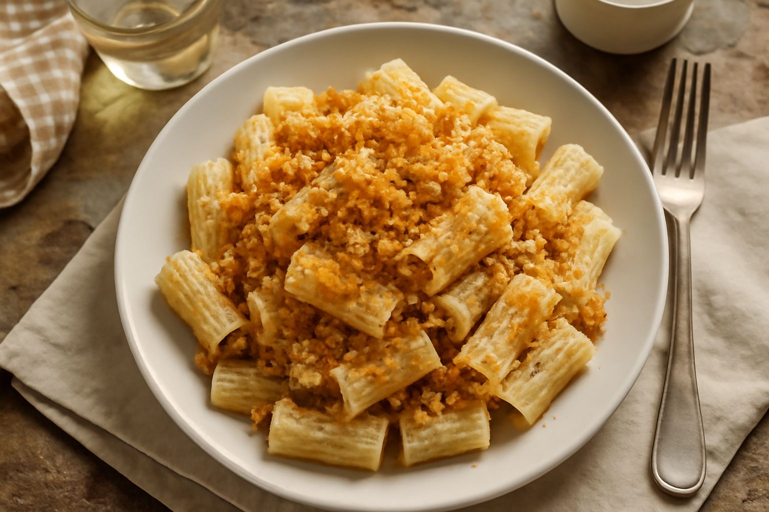 Piatto di rigatoni con pangrattato tostato color oro sparso sopra, acciughe, aglio affettato e prezzemolo fresco, servito in un piatto bianco