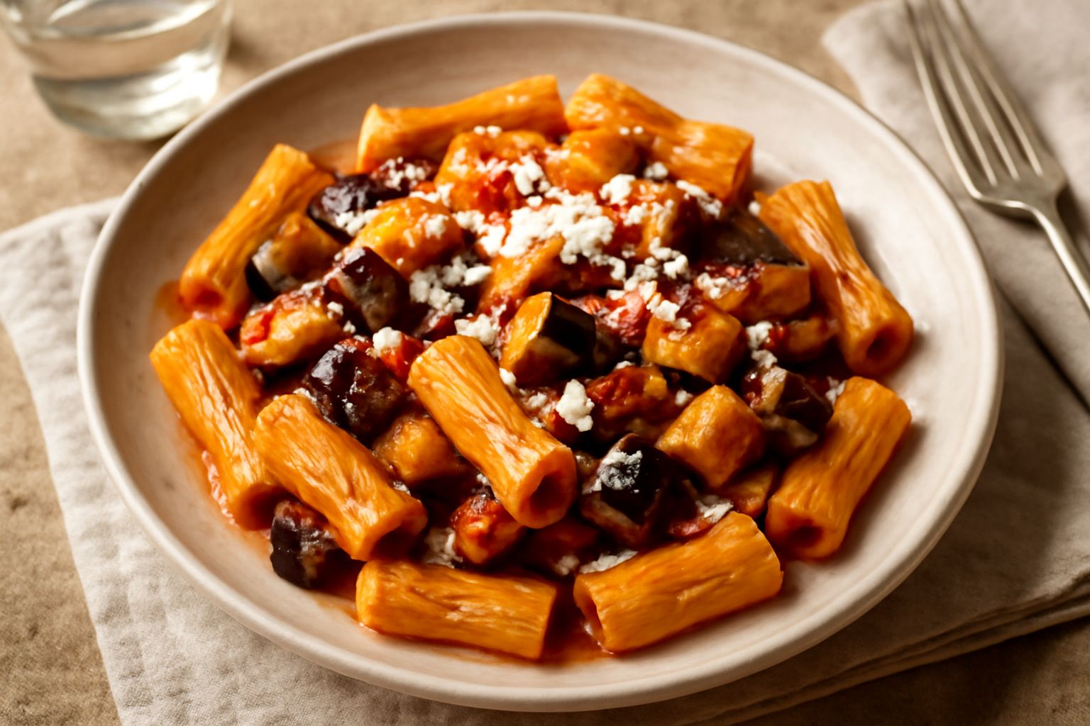 Piatto di rigatoni alla norma con melanzane dorate e pomodori rossi, cosparsi di ricotta salata bianca grattugiata e basilico verde, su piatto bianco fondo scuro