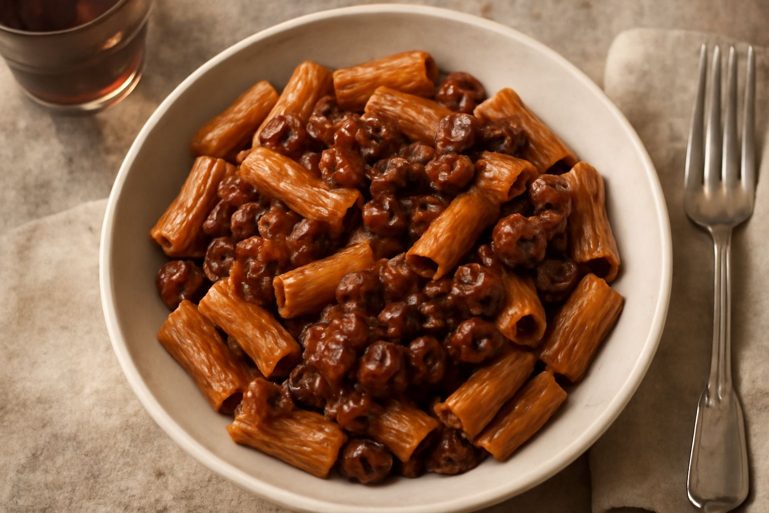 Piatto di rigatoni con ragù di coratella marrone scuro, grana grattugiato sopra, in ciotola bianca, con cucchiaio accanto