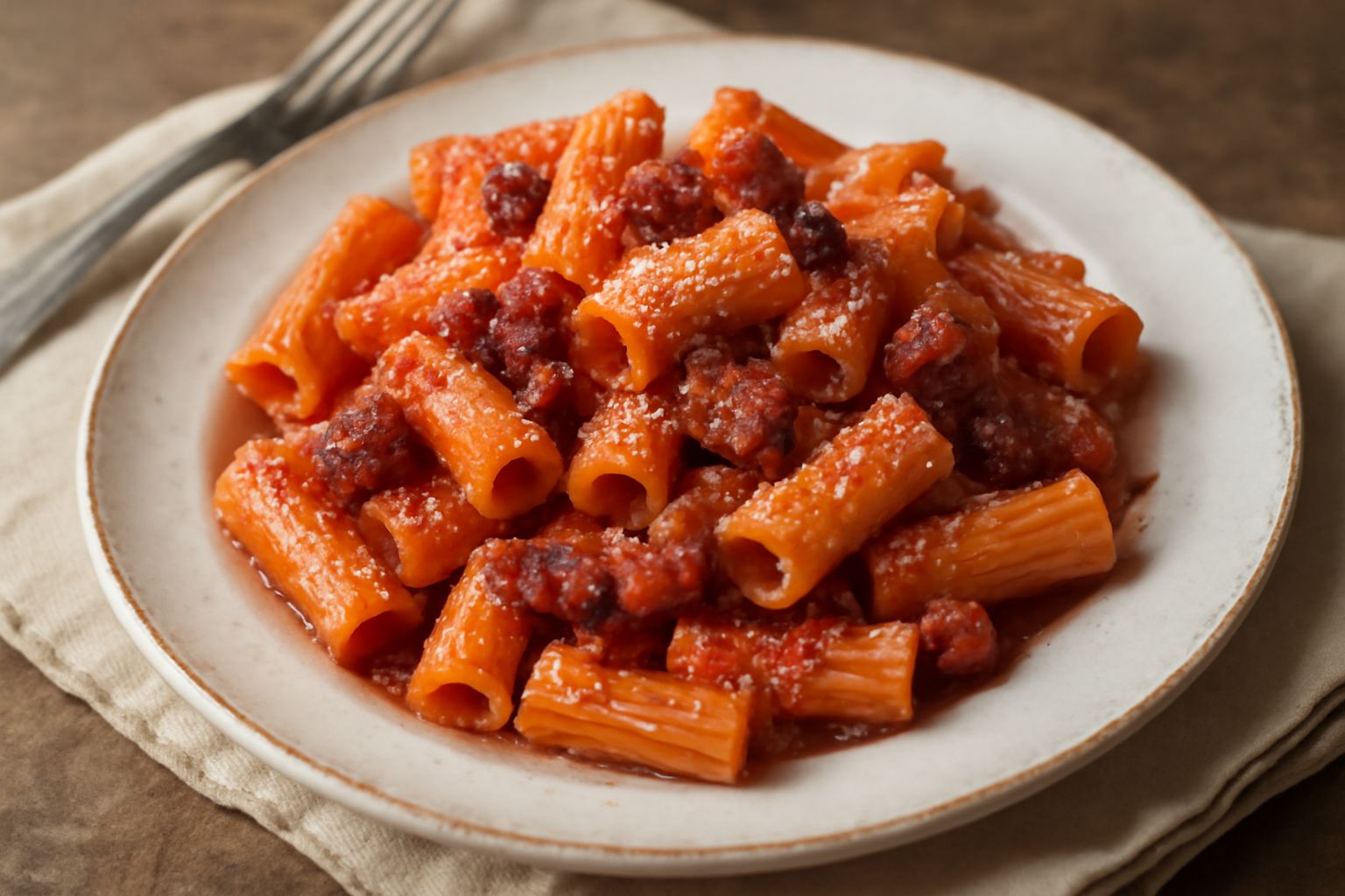 Piatto di rigatoni con guanciale affumicato croccante, salsa rosso scuro, cosparsi di pecorino bianco, pezzi visibili di guanciale dorato ai bordi, serviti in piatto bianco