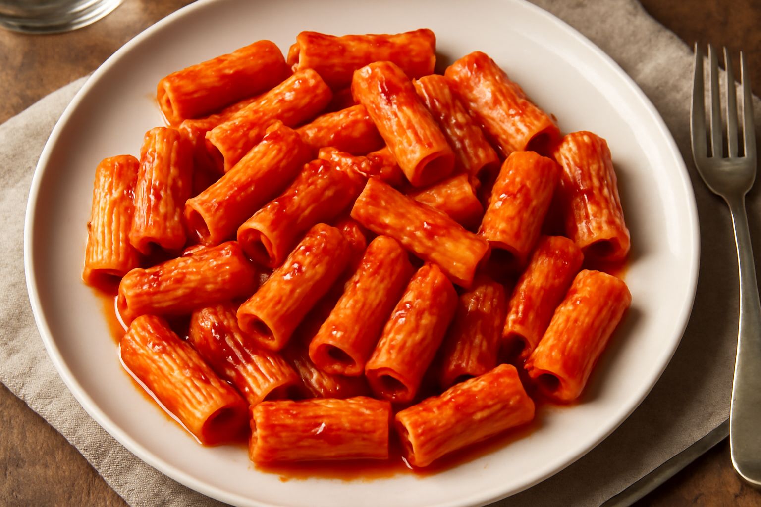 Piatto bianco con rigatoni rossi di 'nduja, guarniti con parmigiano grattugiato bianco e una foglia di prezzemolo verde, olio lucido visibile sulla pasta