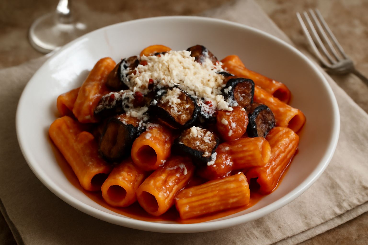 Piatto bianco con rigatoni fumanti conditi con melanzane dorate tagliate a cubetti, salsa rossa di pomodoro, ricotta salata grattugiata bianca e foglie di basilico fresco verde sulla superficie
