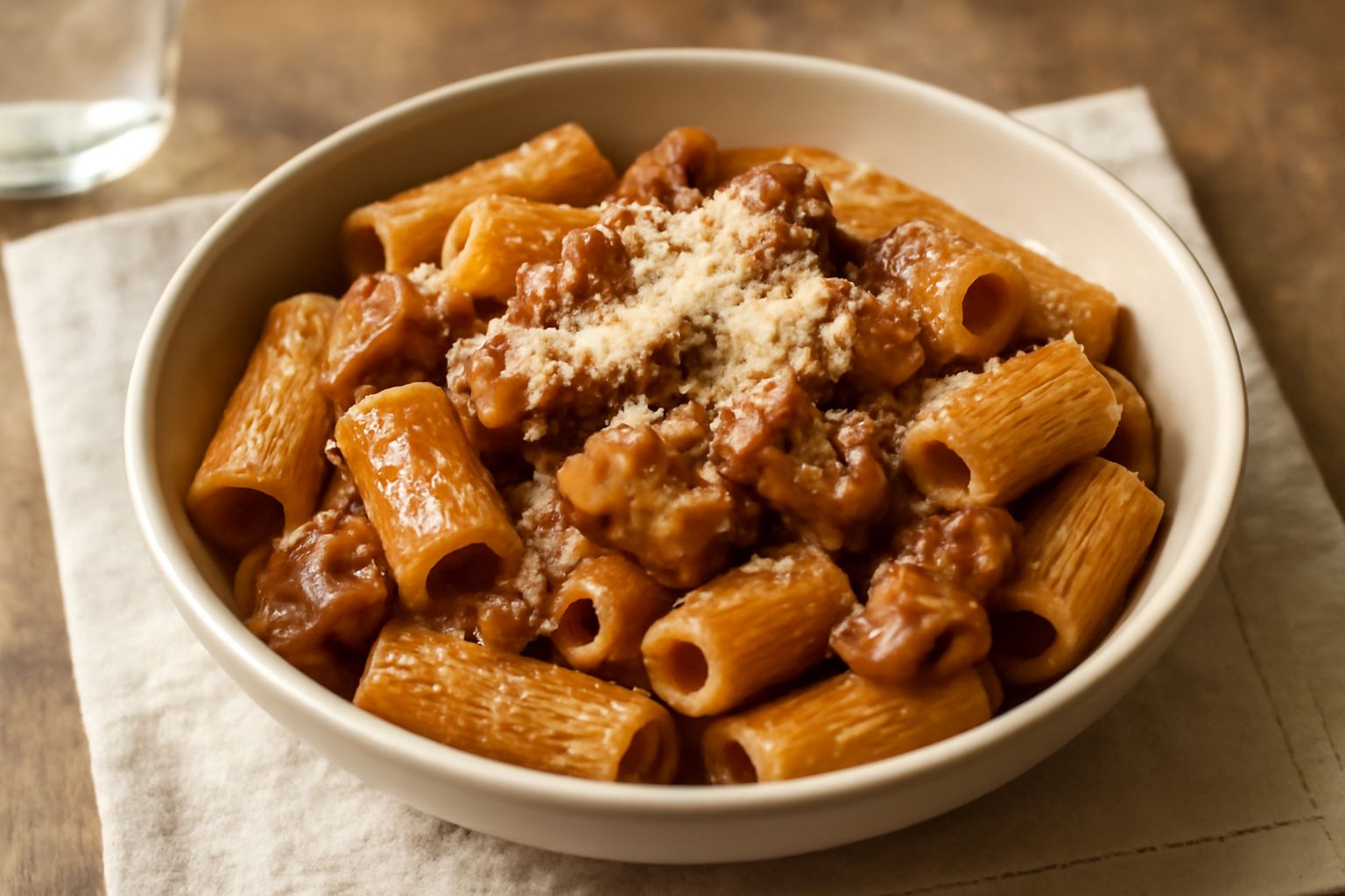 Piatto di rigatoni con sugo marrone scuro e briciole di cacio romano, serviti in ciotola di ceramica bianca, contorno di sedano e carota