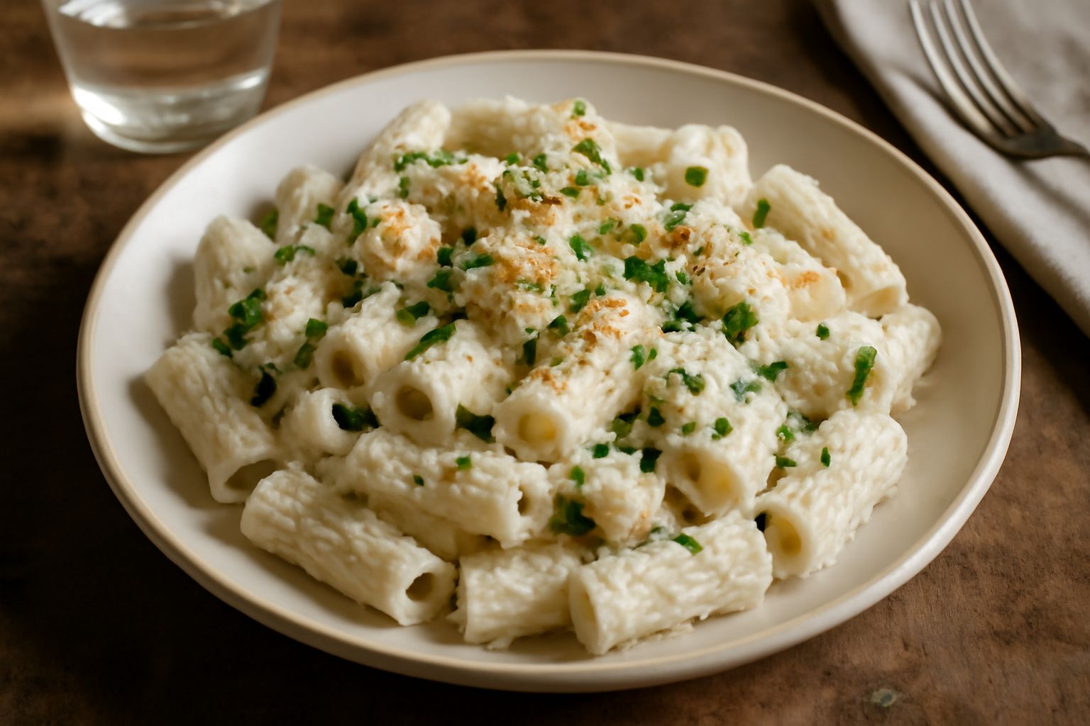 Piatto bianco con rigatoni farciti di ricotta cremosa, spolverati di pecorino grattugiato e prezzemolo fresco, con un filo d'olio d'oliva visibile in superficie