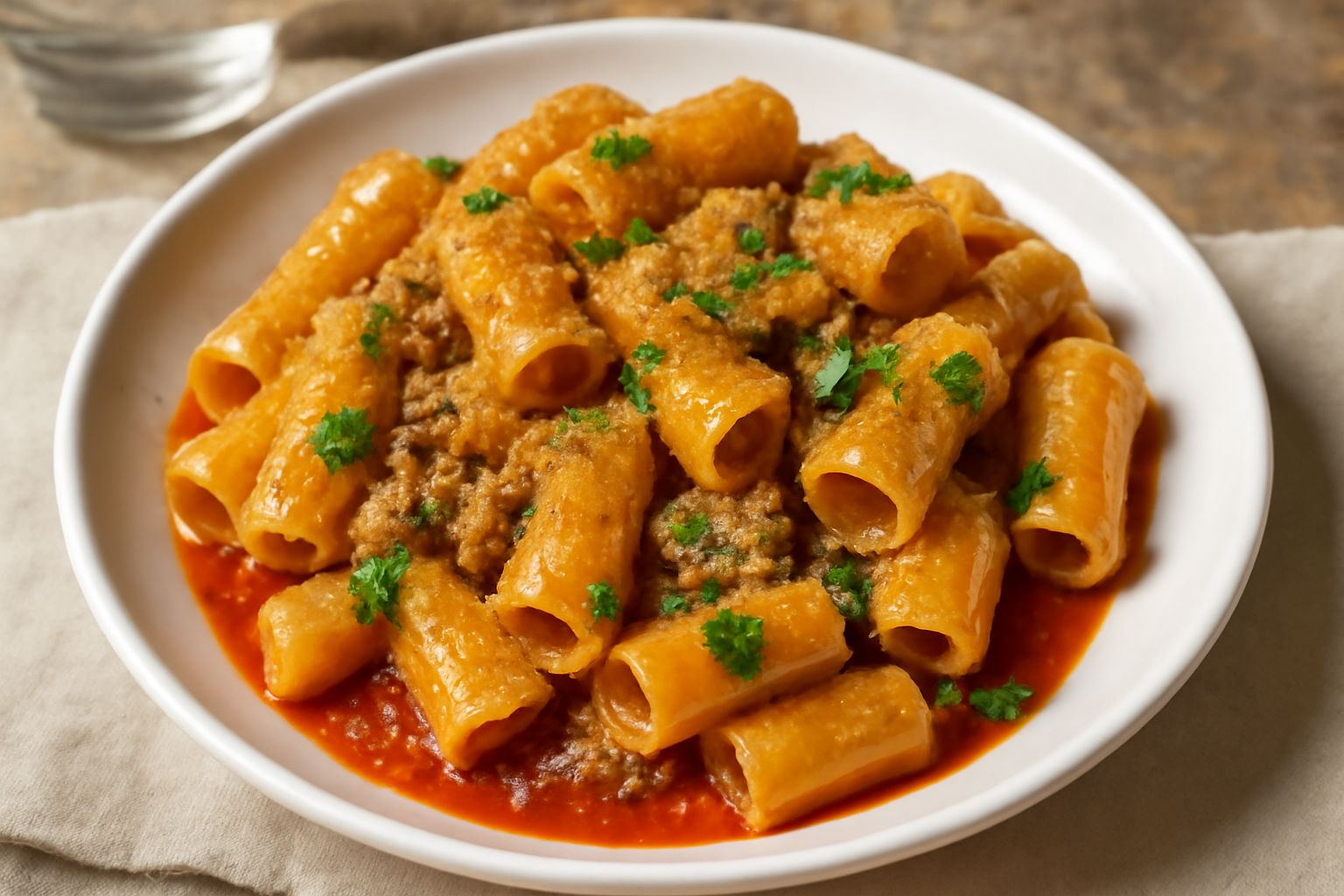 Rigatoni conditi con bottarga grattugiata color ambra, pomodoro rosso, pecorino bianco e prezzemolo fresco, serviti in piatto bianco fondo