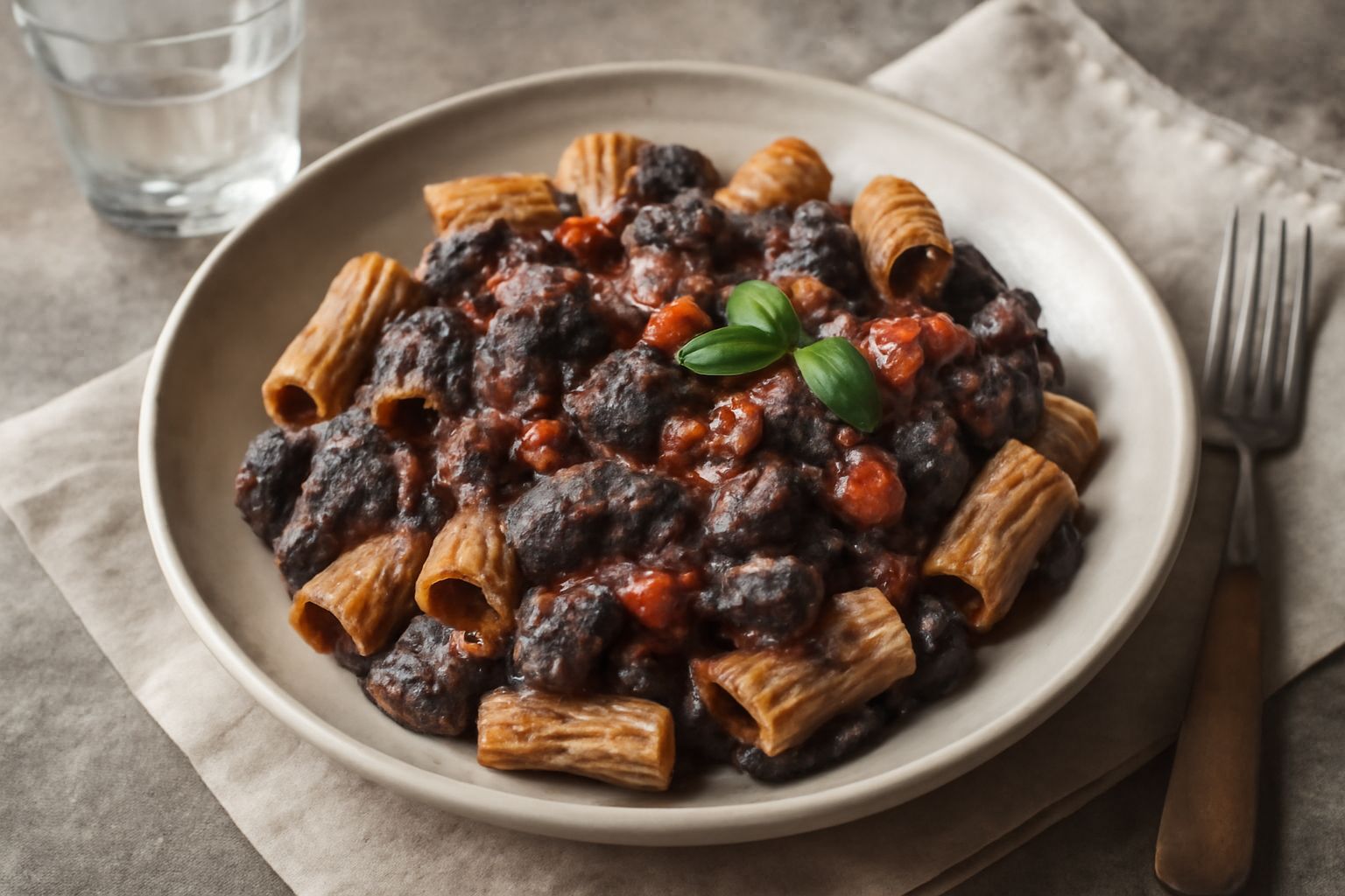 Piatto di rigatoni con melanzane grigio-viola, pomodoro rosso, basilico verde, condito con olio lucido, servito in ciotola bianca, con foglia di basilico fresco sulla sommità