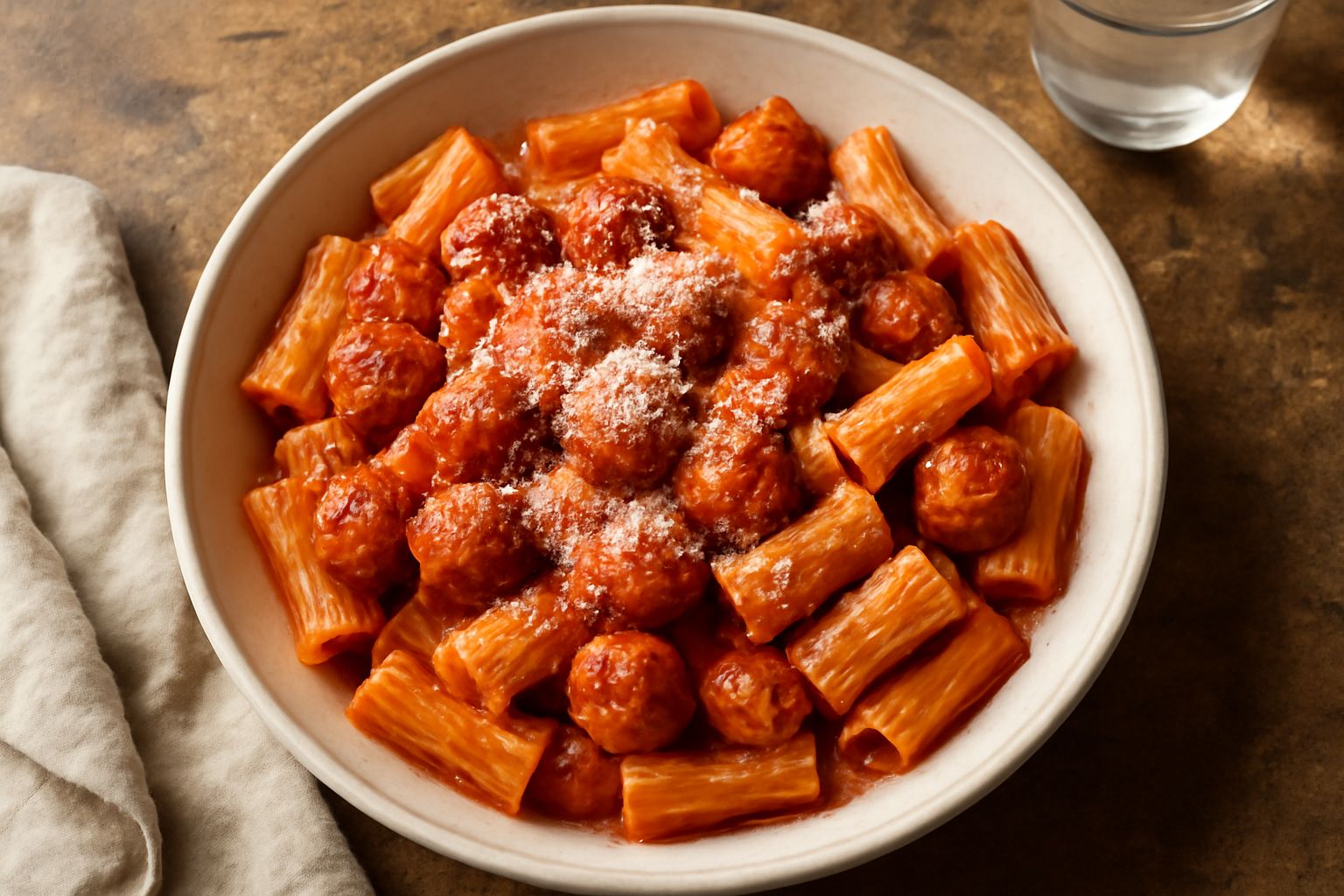 Piatto di rigatoni con le polpettine tondeggianti marroni nel sugo rosso di pomodoro, spolverato di parmigiano grattugiato bianco, servito in piatto bianco fondo con forchetta.