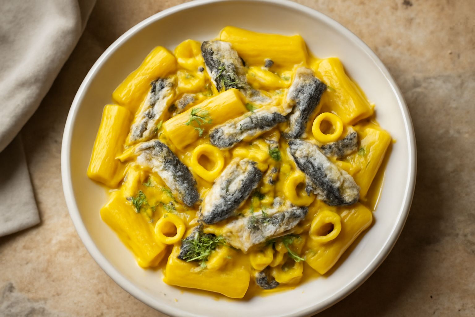 Piatto di ceramica bianca con rigatoni conditi di un sugo giallo zafferanato contenente filetti di sardina, guarnito con finocchietto selvatico fresco e grani di pepe nero visibili