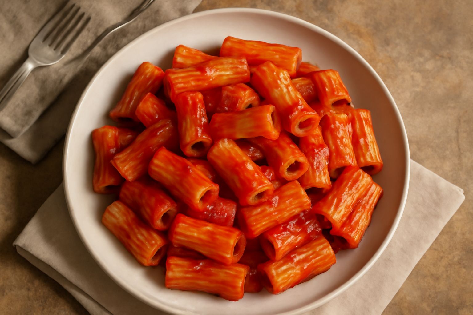 Piatto bianco con rigatoni ricoperti di sugo rosso vivo, frammenti visibili di polpa di pomodoro, basilico fresco verde sopra, leggero filo d'olio d'oliva che luccica sulla superficie