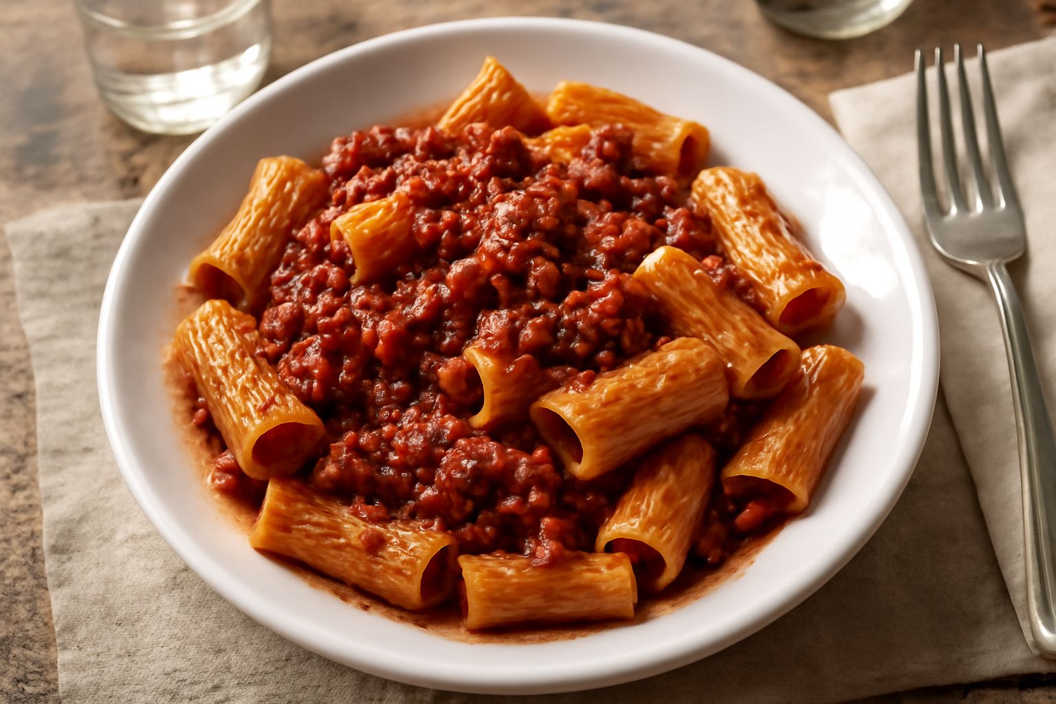 Piatto di rigatoni con ragù in ciotola bianca, pasta rigatata ricoperta di ragù scuro e denso, con gocce di sugo sui bordi e parmigiano grattugiato in superficie